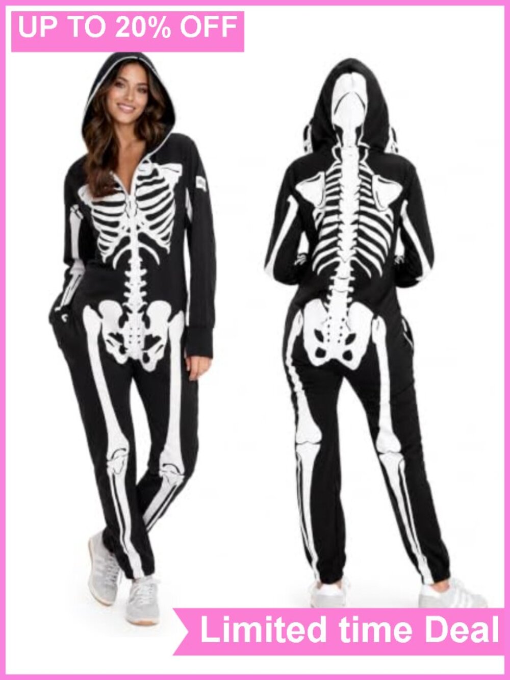 Skeleton Jumpsuit Halloween Costume One-Piece with Pockets